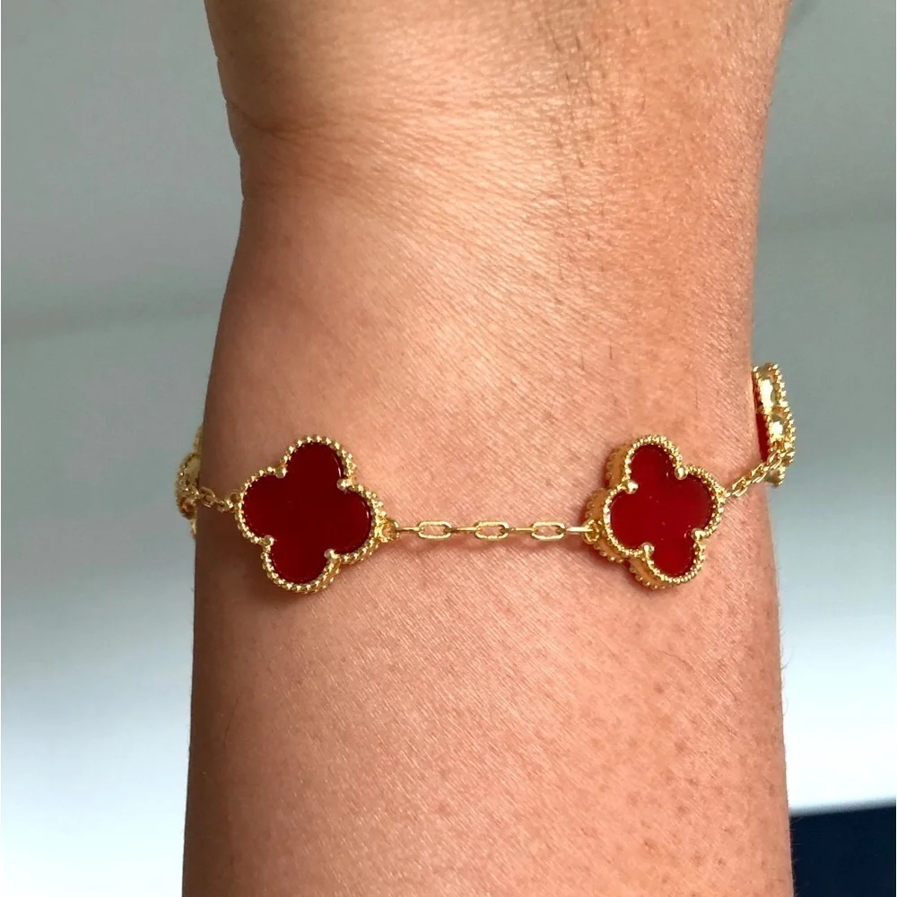 Red Carnelian 5 Quatrefoil Clover Motif Gold Bracelet